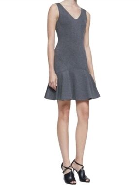 Diane Von Furstenberg Gray V-Neck Fit and Flare Structured Knit Dress Grey DVF 2
